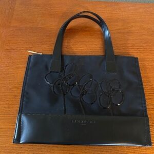 Lamarthe Paris Black Nylon Leather Tote Bag‎ Floral Accents Purse